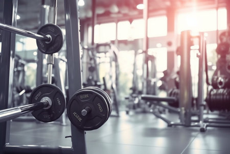 modern gym blurred photo of exercise equipment. generative aiの素材