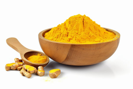 fine dry turmeric powder in wooden bowl isolated on white background. generative aiの素材