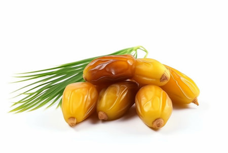 dried date palm fruits with green leaves isolated on white background. generatif aiの素材
