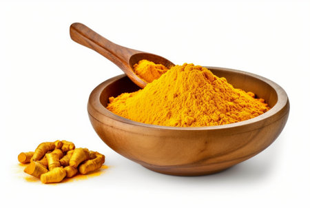 fine dry turmeric powder in wooden bowl isolated on white background. generative aiの素材