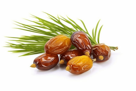 dried date palm fruits with green leaves isolated on white background. generatif aiの素材