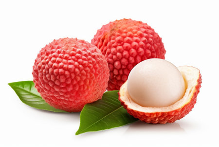 juicy lychee with cut in half isolated on white background. generatif aiの素材