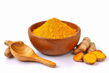 fine dry turmeric powder in wooden bowl isolated on white background. generative aiの素材