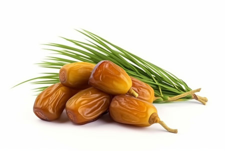 dried date palm fruits with green leaves isolated on white background. generatif aiの素材