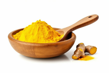 fine dry turmeric powder in wooden bowl isolated on white background. generative aiの素材