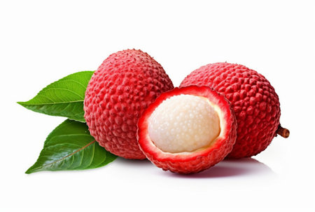 juicy lychee with cut in half isolated on white background. generatif aiの素材