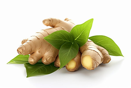 ginger with gingger leaves isolated on white background. generative aiの素材