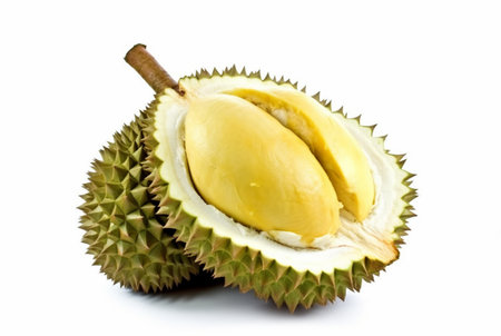 durian fruit cut in half and leaves isolated on white background. generative aiの素材