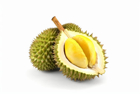 durian fruit cut in half and leaves isolated on white background. generative aiの素材