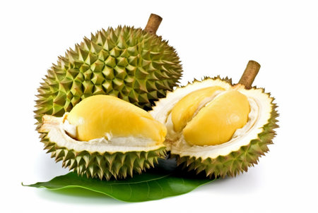 durian fruit cut in half and leaves isolated on white background. generative aiの素材