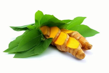 turmeric with pieces and fresh green leaves isolated on white background. generative aiの素材