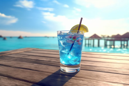 blue hawaiian cocktail on wooden table with blue sea and bright clouds. generative aiの素材