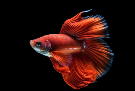 Capture the moving moment of red siamese fighting fish isolated on black background. betta fish.の素材