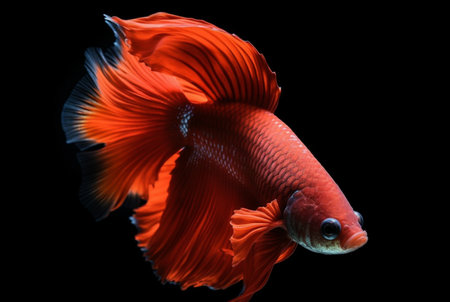 Capture the moving moment of red siamese fighting fish isolated on black background. betta fish.の素材