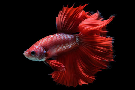 Capture the moving moment of red siamese fighting fish isolated on black background. betta fish.の素材