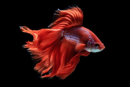 Capture the moving moment of red siamese fighting fish isolated on black background. betta fish.の素材
