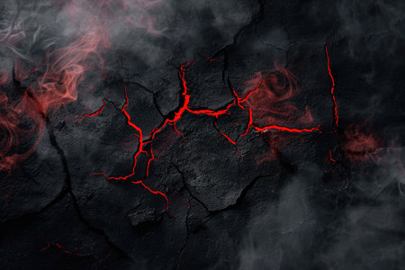 cracked black cement texture with red smoke. horror backgroundの素材
