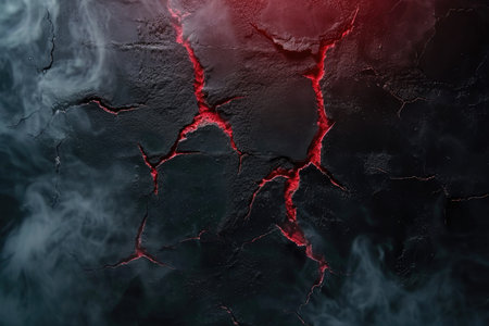 cracked black cement texture with red smoke. horror backgroundの素材