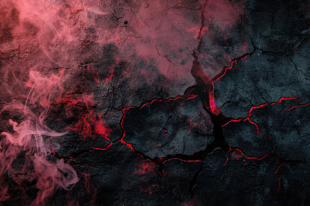 cracked black cement texture with red smoke. horror backgroundの素材