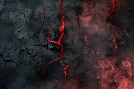 cracked black cement texture with red smoke. horror backgroundの素材