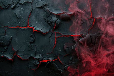 cracked black cement texture with red smoke. horror backgroundの素材