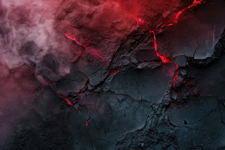 cracked black cement texture with red smoke. horror backgroundの素材