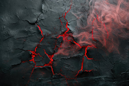 cracked black cement texture with red smoke. horror backgroundの素材