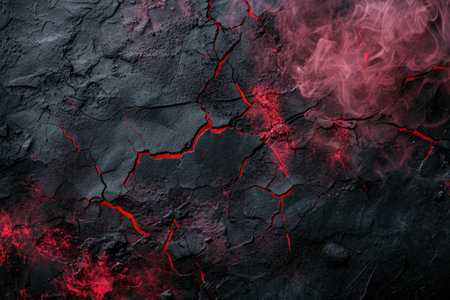 cracked black cement texture with red smoke. horror backgroundの素材