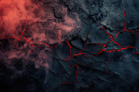 cracked black cement texture with red smoke. horror backgroundの素材