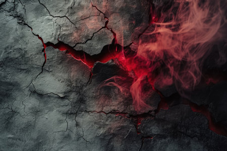cracked black cement texture with red smoke. horror backgroundの素材