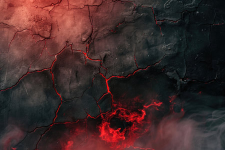 cracked black cement texture with red smoke. horror backgroundの素材