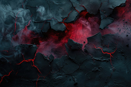 cracked black cement texture with red smoke. horror backgroundの素材
