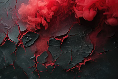 cracked black cement texture with red smoke. horror backgroundの素材