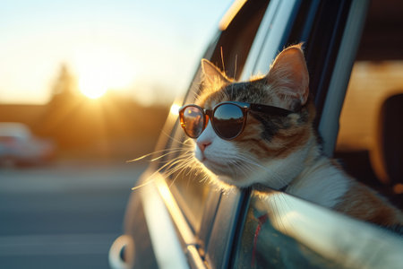 a happy cat with glasses, sticking his head out the car window, enjoying the ride on a sunny dayの素材
