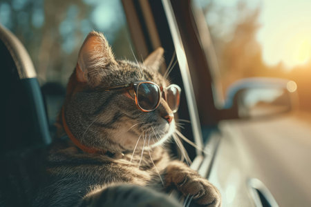 a happy cat with glasses, sticking his head out the car window, enjoying the ride on a sunny dayの素材