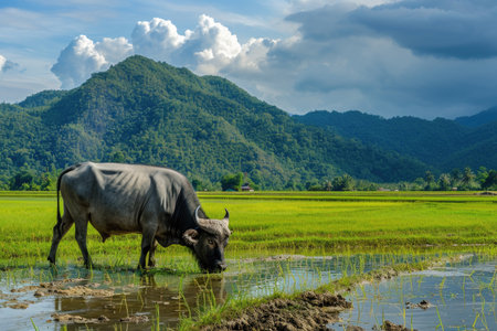 buffalo in the rice fields with the beauty of the sky and mountainsの素材