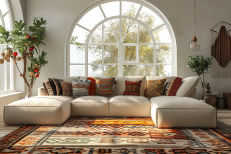 Corner sofa with pillows against arched window. Boho ethnic home interior design of modern living roomの素材