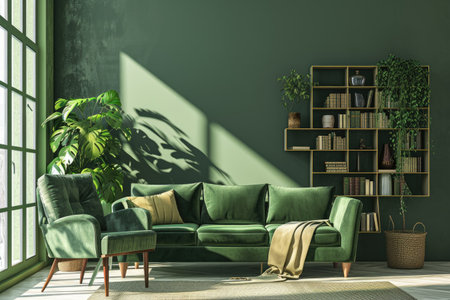 Green sofa and chair against green wall with book shelf. Scandinavian home interior design of modern living room with greeneryの素材