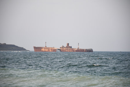 Shipwreck on the coast of Black Sea in Constanta, Romania.の写真素材