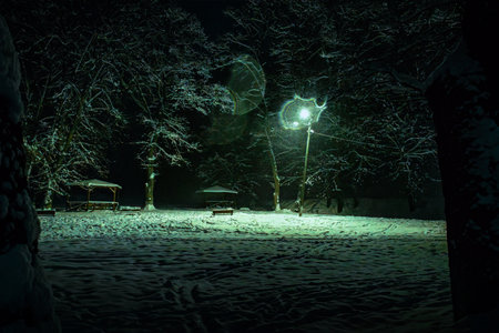 A snowy park at night with a gazebo and bench under a streetlamp. Falling snow and bare trees create a calm, winter atmosphere.の写真素材