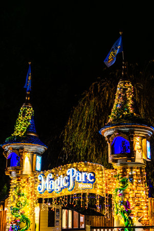 Magic Parc Rasnov Illuminated Entrance Towers at Nightのeditorial素材