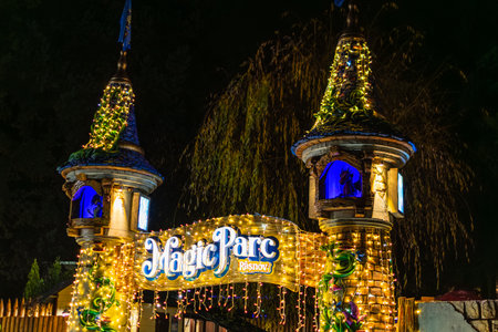 Magic Parc Rasnov Illuminated Entrance Towers at Nightのeditorial素材
