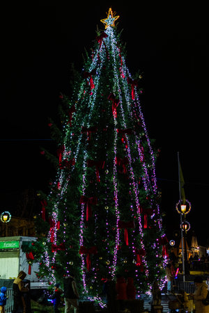 Rasnov Christmas Tree Decorated with Lights and Red Bows at Nightのeditorial素材