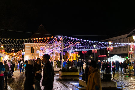 Rasnov Town Square Winter Celebration and Christmas Market at Nightのeditorial素材