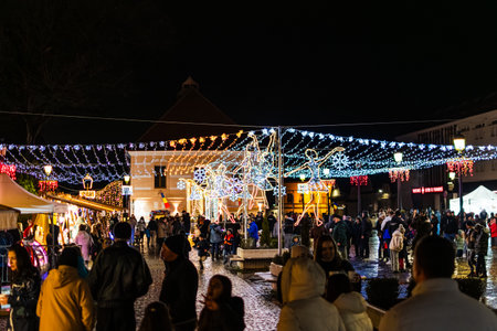 Rasnov Town Square Winter Celebration and Christmas Market at Nightのeditorial素材