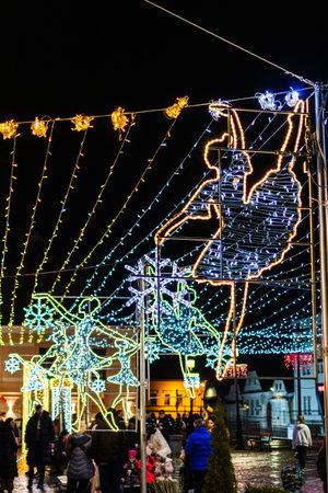 Rasnov Town Square Winter Celebration and Christmas Market at Nightのeditorial素材