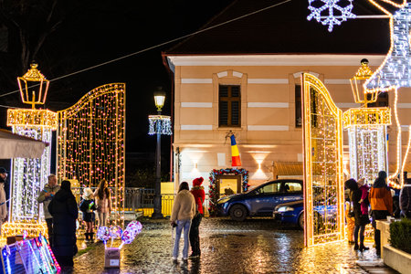 Rasnov Central Square Winter Market and Festive Lights at Nightのeditorial素材