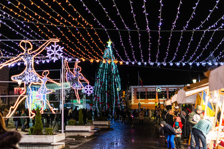 Rasnov Town Square Winter Celebration and Christmas Market at Nightのeditorial素材