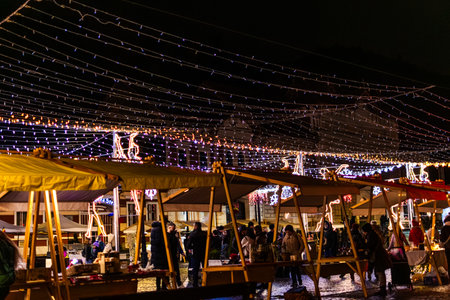 Rasnov Town Square Winter Celebration and Christmas Market at Nightのeditorial素材