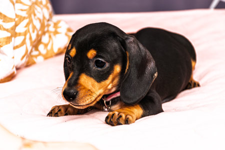 Close up portrait of a small dachshund puppy resting on a pink quilt with a patterned pillow in background.の写真素材